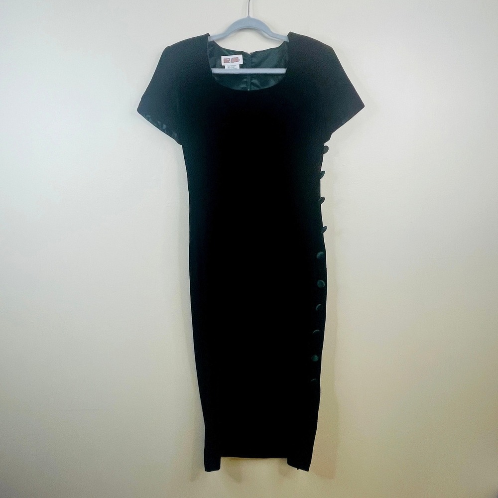 Vintage 80s Velvet Sheath Dress Womens 8 Emerald Preppy Holiday Party Midi Slit